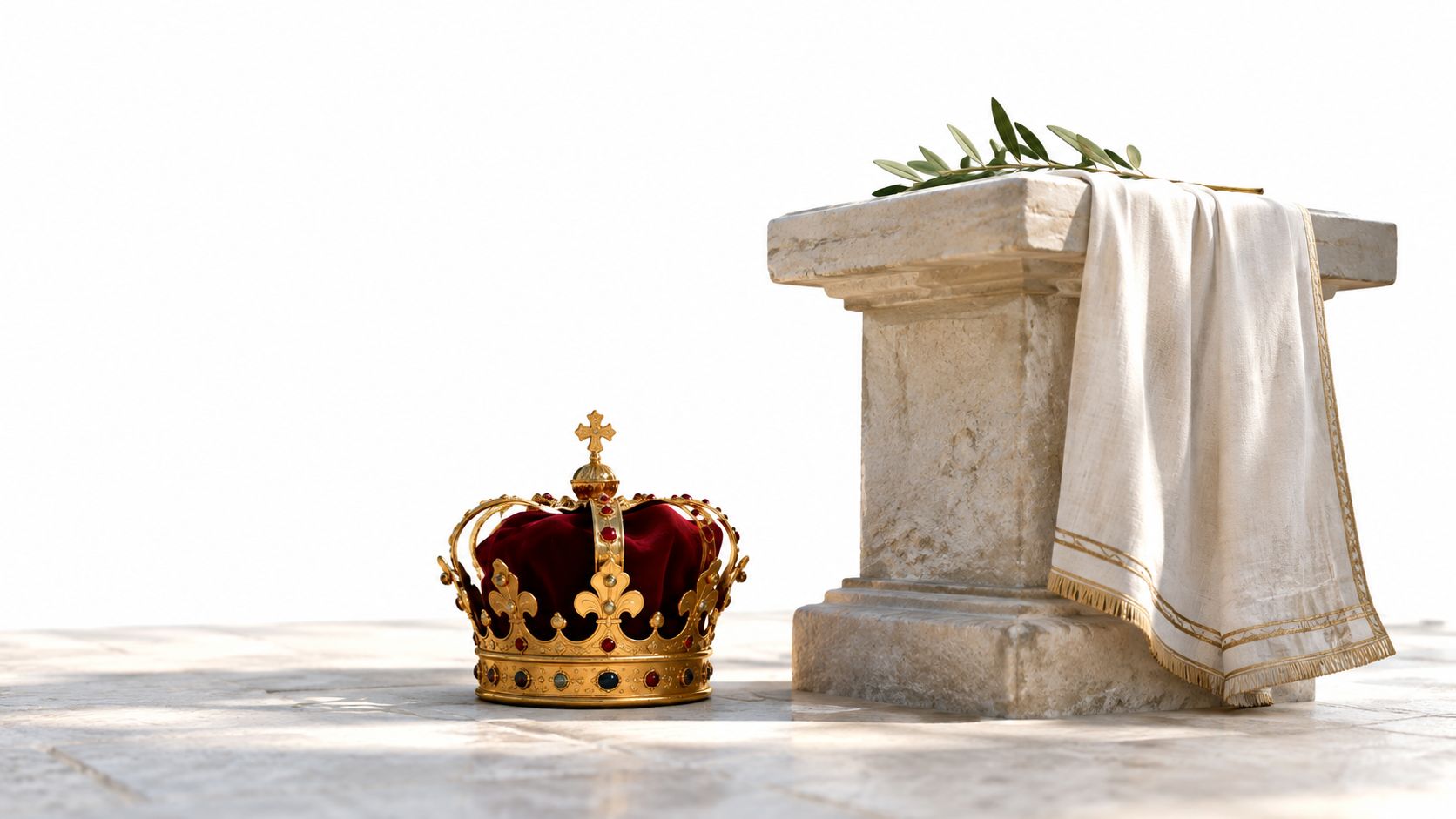 A golden crown resting on a stone floor beside a pedestal and olive branches.