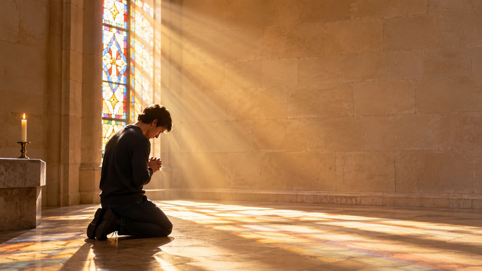 A young man kneeling and praying on the stone floor of a sunlit chapel with stained glass windows.