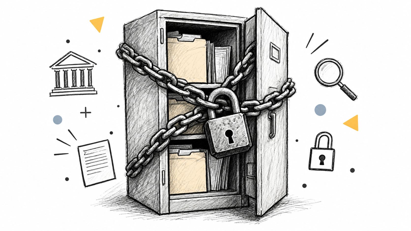 A pencil sketch of a metal filing cabinet secured with heavy chains and a large padlock.