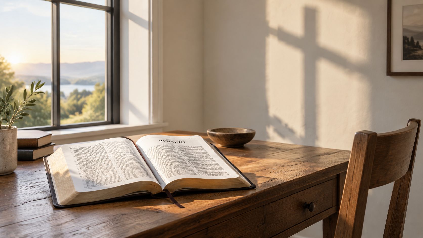 An open Bible lying on a rustic wooden desk with a cross-shaped shadow cast on the wall.