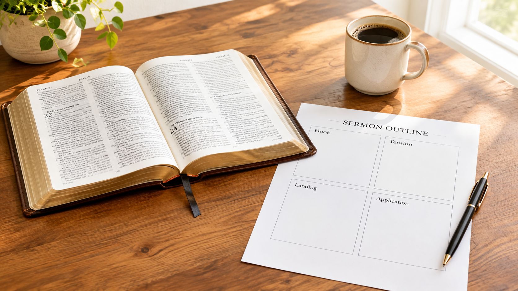 A Bible open to Psalms next to a sermon outline paper and a cup of coffee on a wooden table.