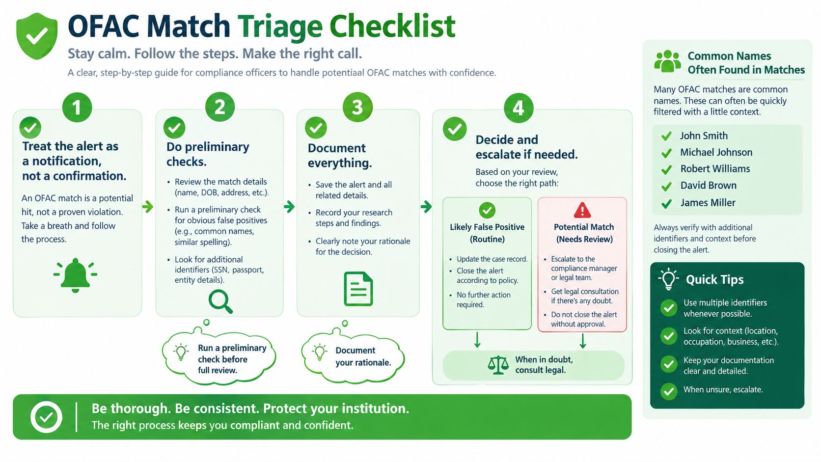 An infographic titled OFAC Match Triage Checklist detailing a four-step process for compliance officers managing potential sanctions alerts.