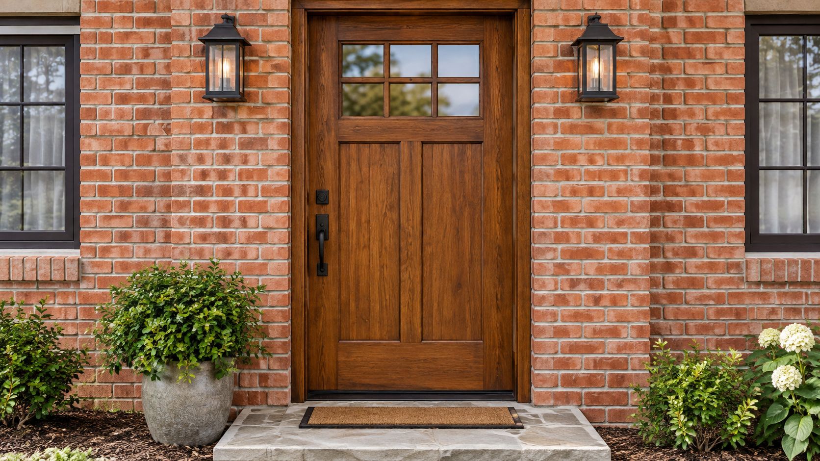 A beautiful stained wooden front door with glass panes installed in a classic red brick house exterior.