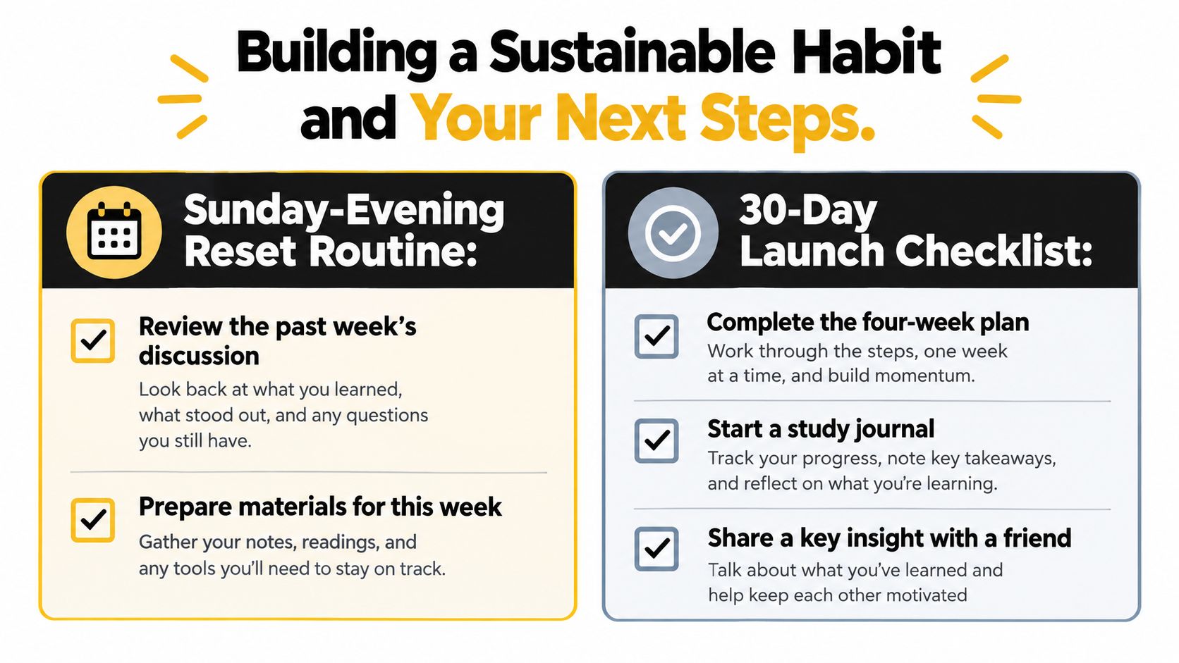 An infographic titled Building a Sustainable Habit, outlining a Sunday-evening reset routine and a 30-day launch checklist.