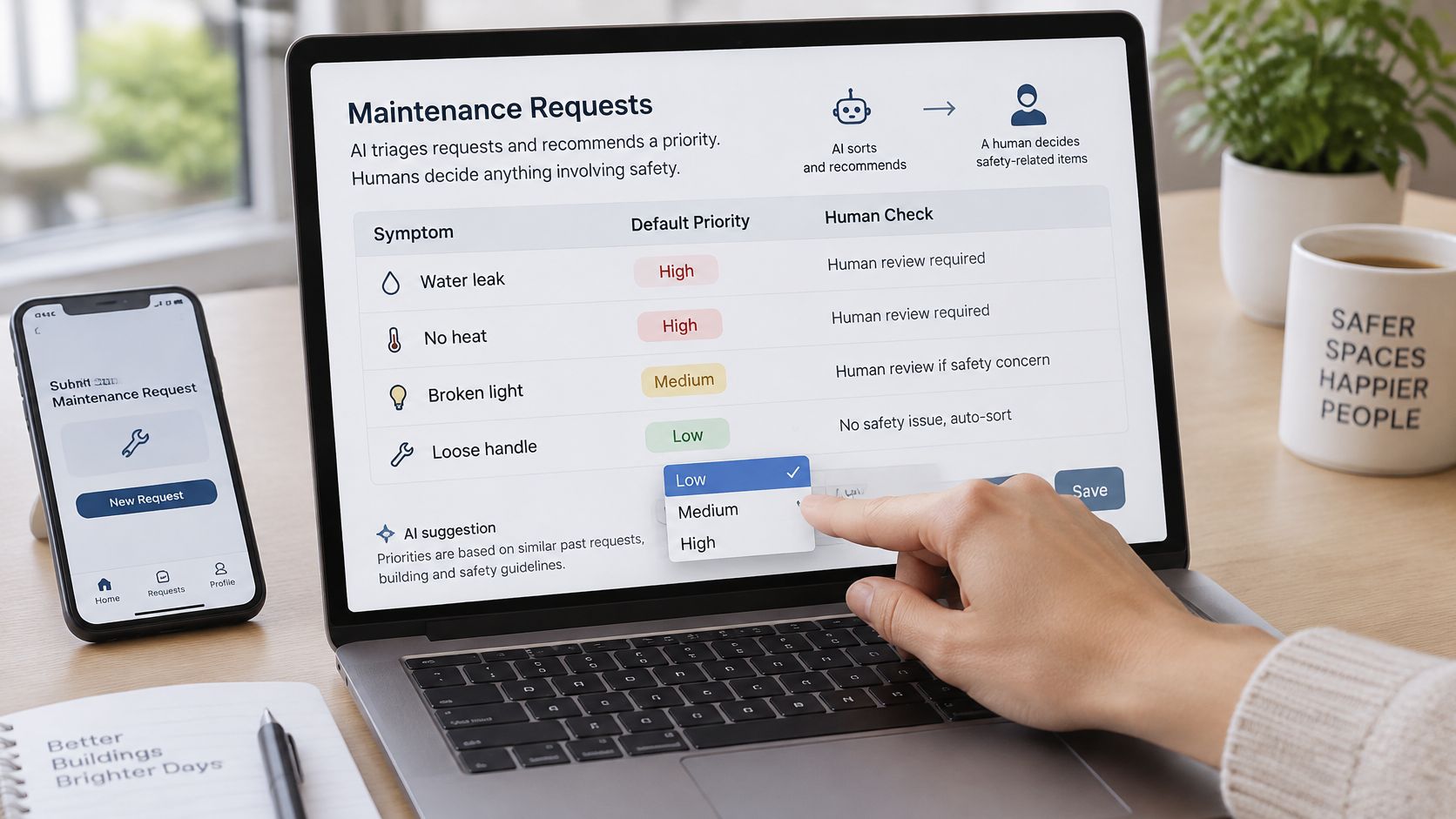 A person using a laptop to update maintenance request priorities on a web application interface.