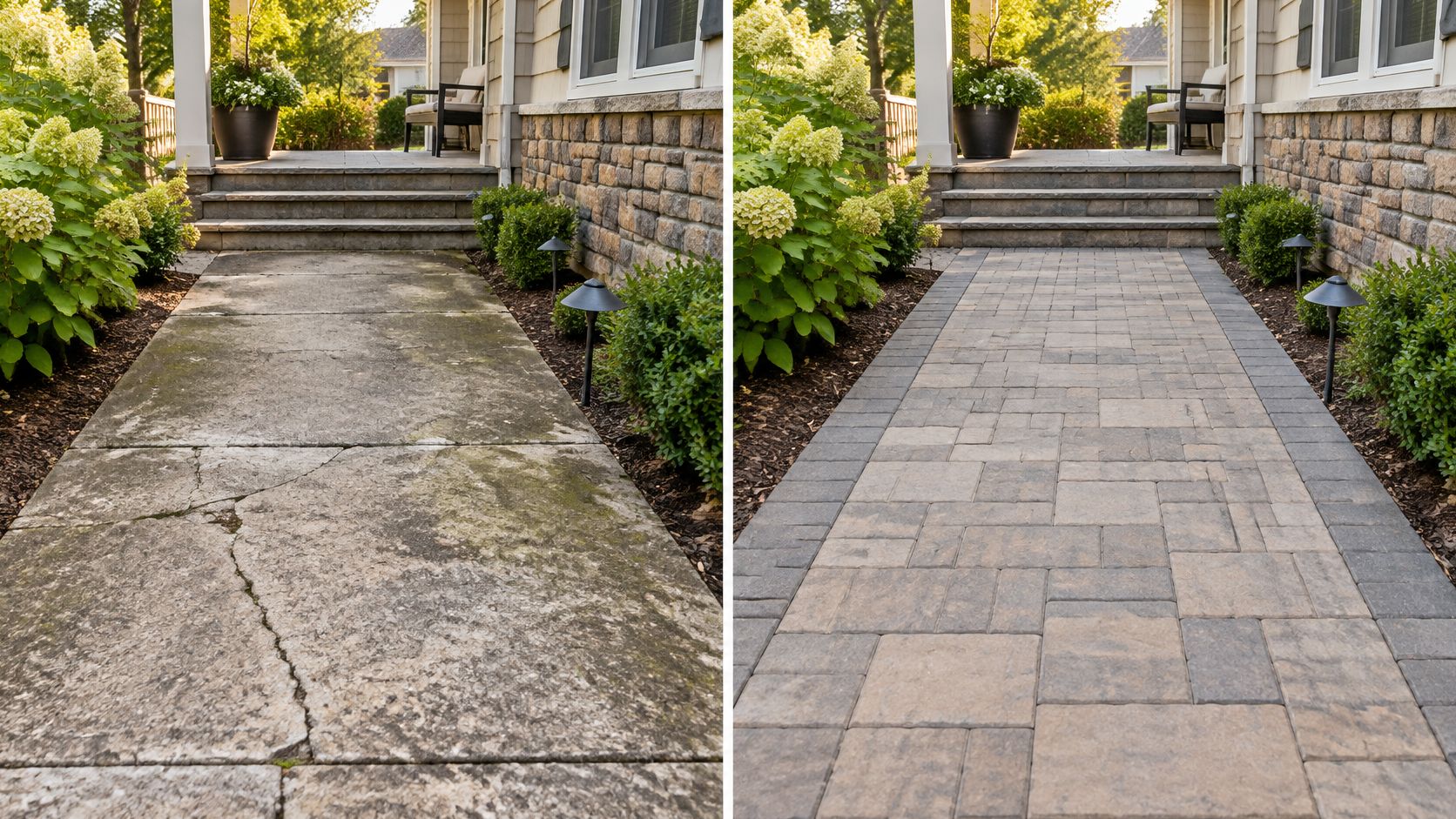 A split-screen comparison showing a cracked, weathered stone walkway before and after professional paver installation renovation.