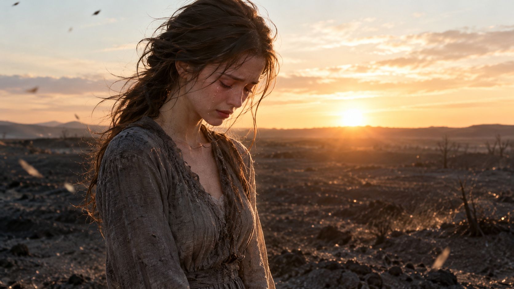 A sad, tearful young woman with disheveled hair standing in a desolate, sunlit wasteland at sunset.