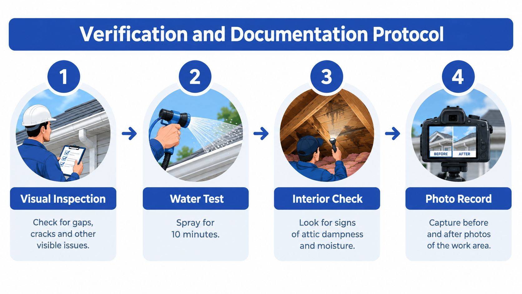 An infographic detailing a four-step verification and documentation protocol for home roof maintenance and inspection procedures.