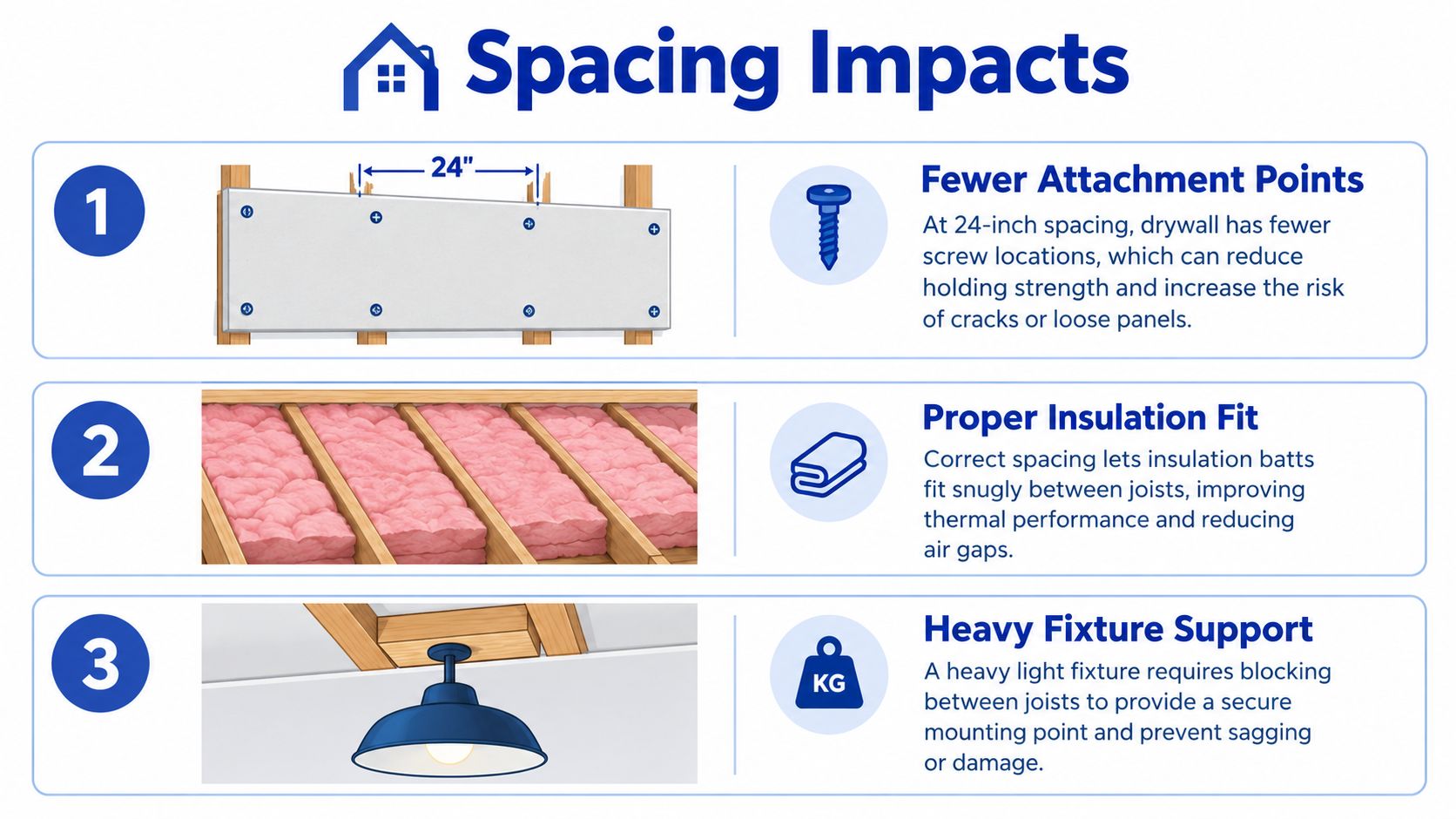 A diagram illustrating how ceiling joist spacing impacts drywall attachment, insulation fitment, and heavy light fixture support.