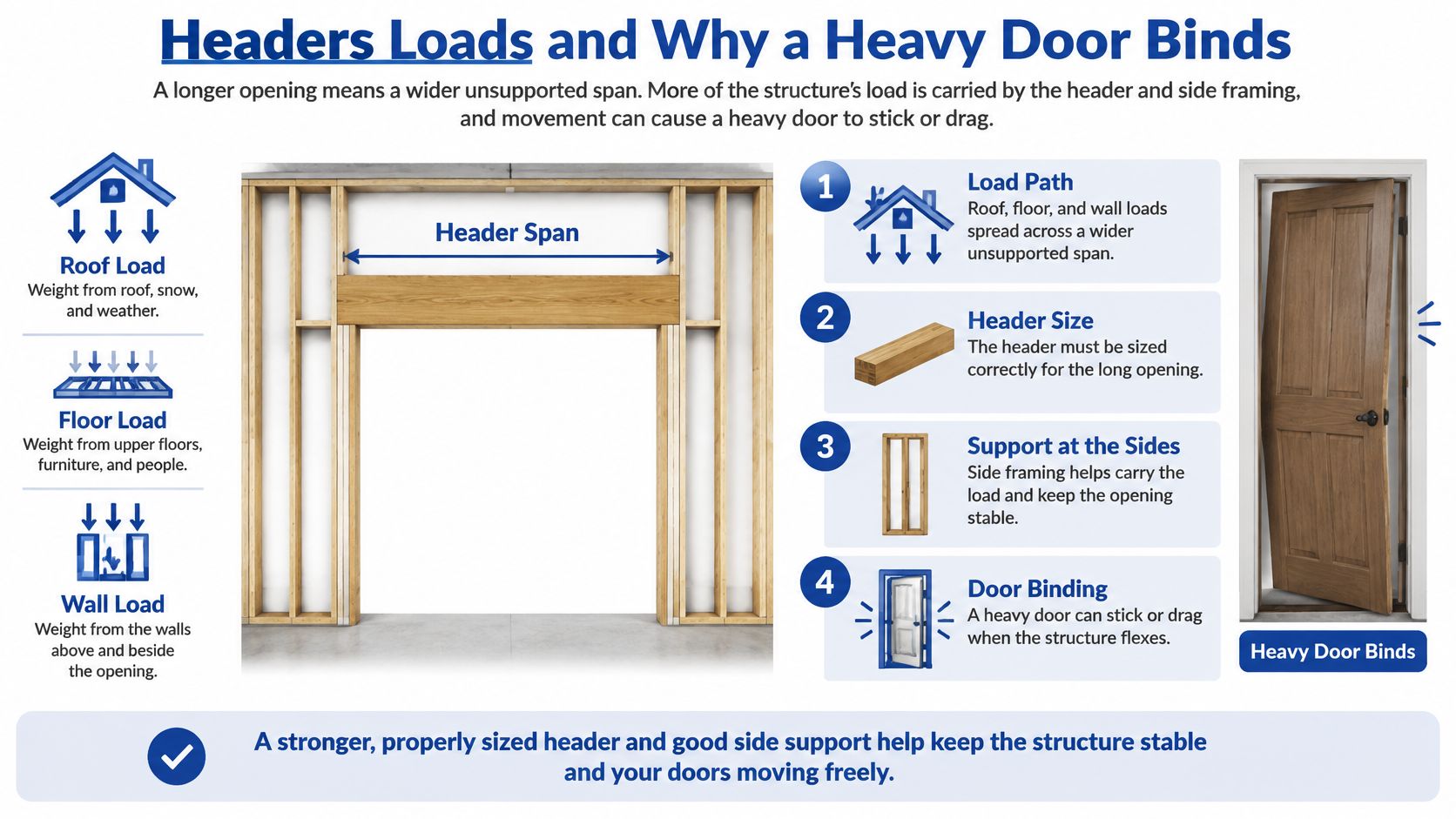 A diagram explaining how structural header loads affect door stability and cause heavy doors to bind.