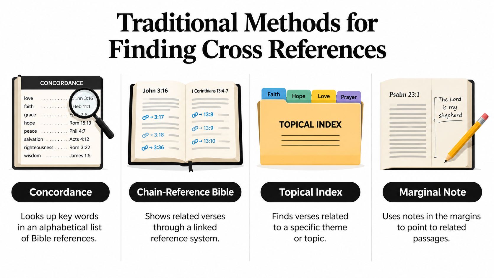 An infographic illustrating four traditional methods for finding Bible cross-references: concordance, chain-reference Bible, topical index, and marginal notes.