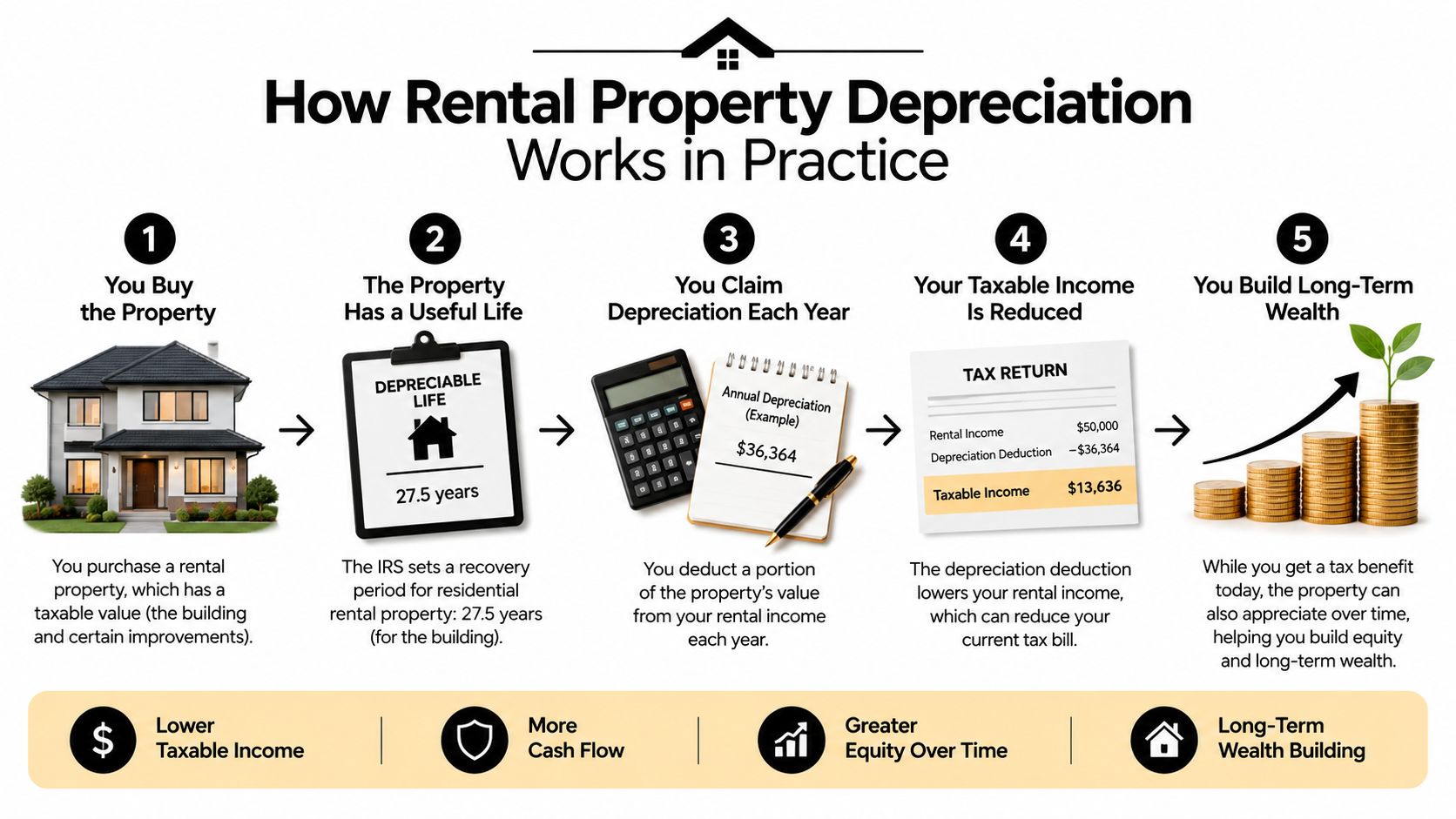 An infographic showing the five steps of how rental property depreciation works to reduce taxable income.