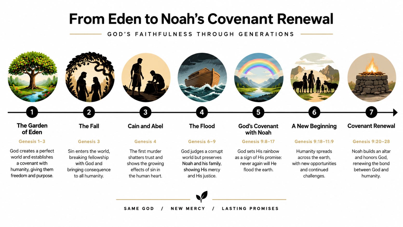 A timeline illustration titled From Eden to Noah's Covenant Renewal depicting seven key events from Genesis.