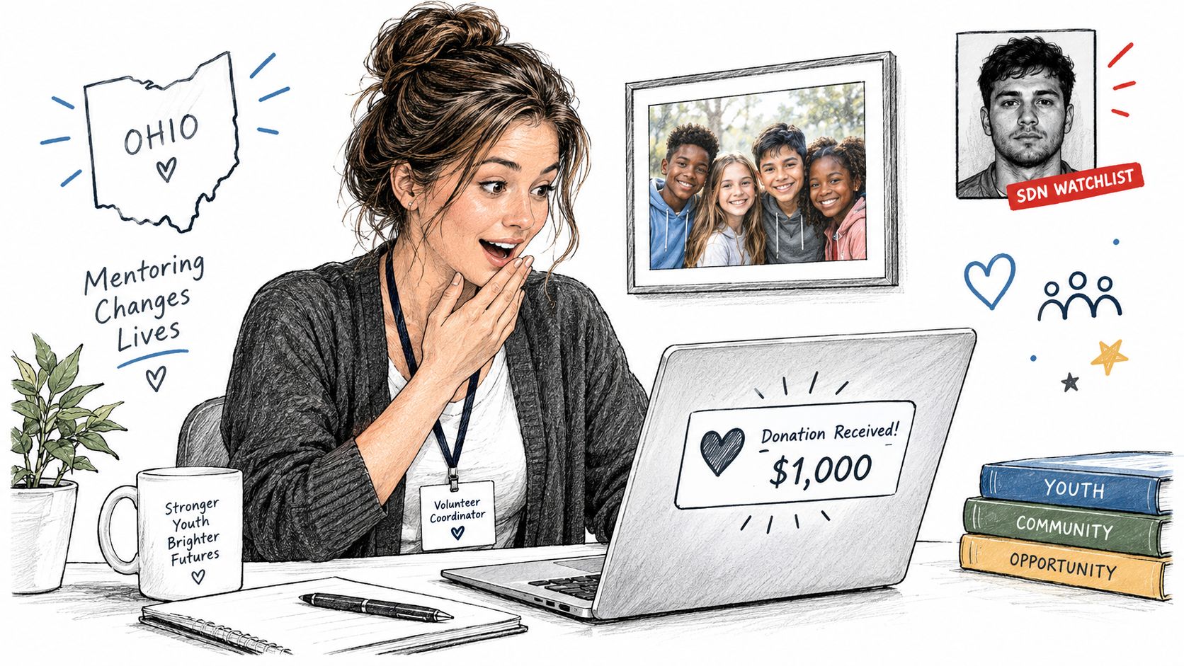 A volunteer coordinator looking surprised at a laptop screen showing a donation received notification.
