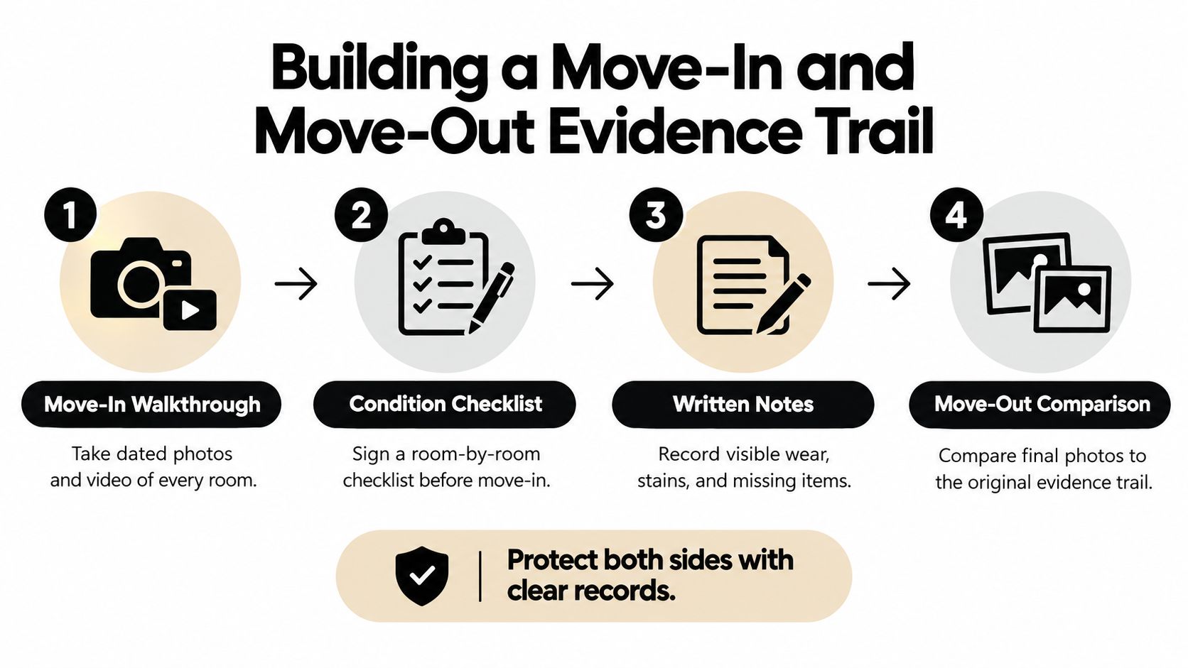 An infographic showing four steps for documenting rental property conditions during move-in and move-out periods.