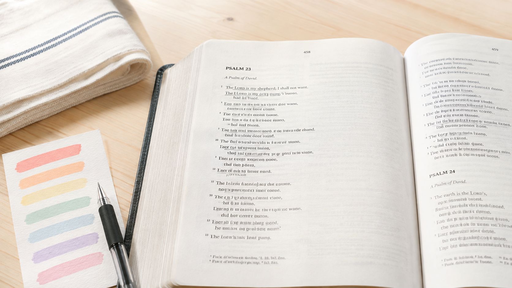 An open Bible page for Psalm 23 lies on a desk next to a pen and colorful swatches.