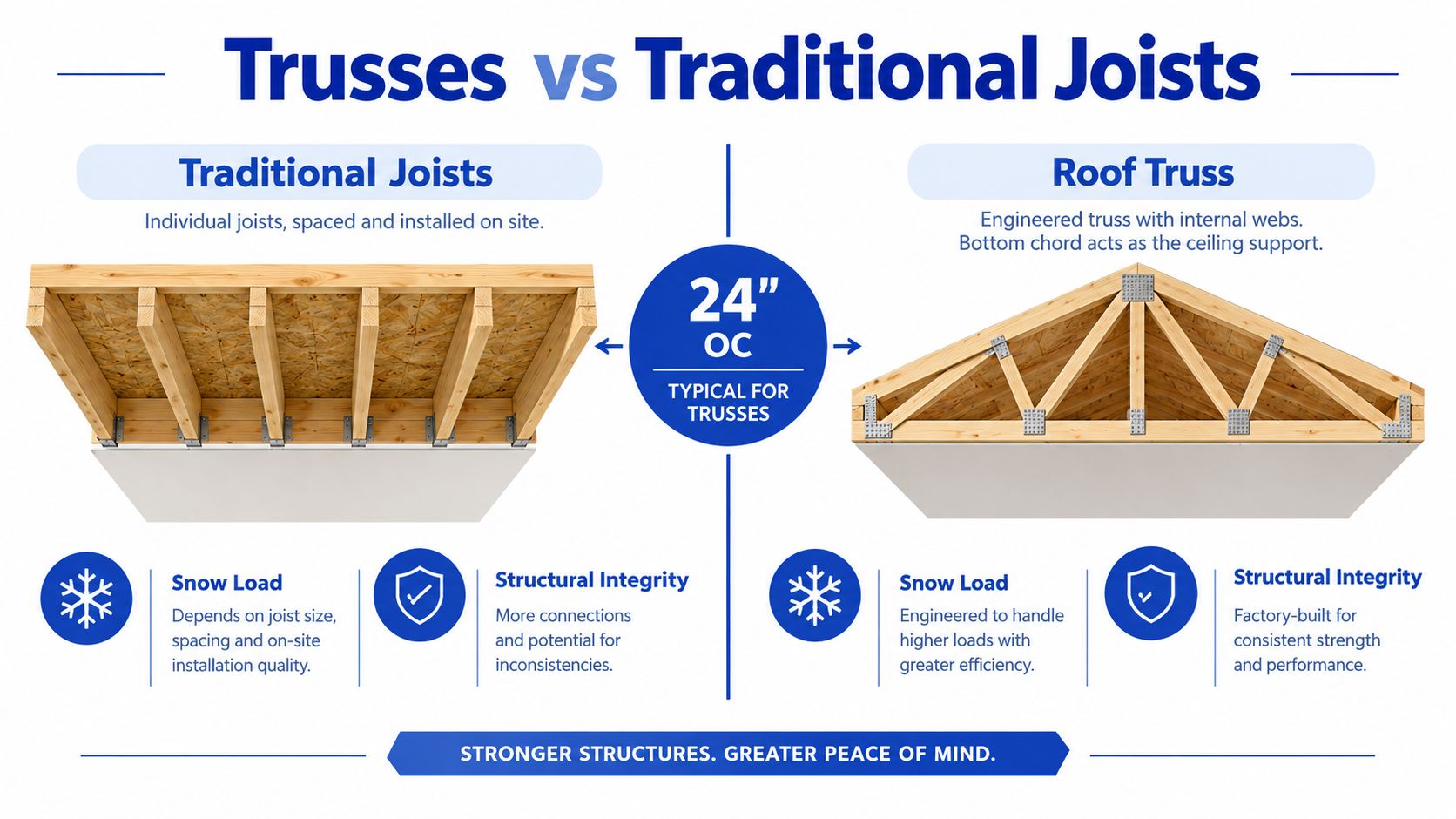 A comparison infographic showing the structural differences between traditional ceiling joists and engineered roof trusses.