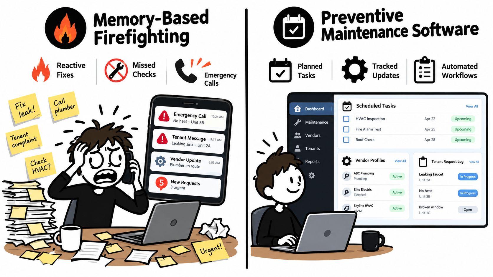 A split image comparing disorganized manual maintenance tasks to a streamlined preventive maintenance software dashboard interface.