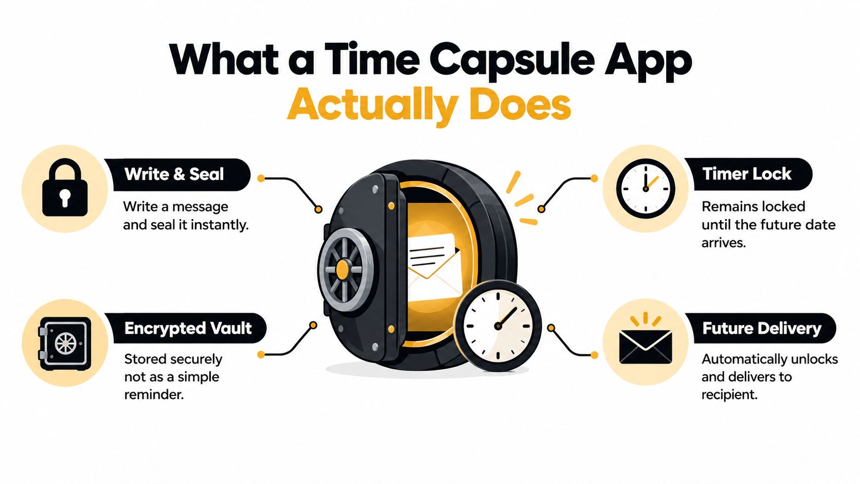 A diagram illustrating the four key functions of a time capsule app: writing, vaulting, locking, and delivering messages.