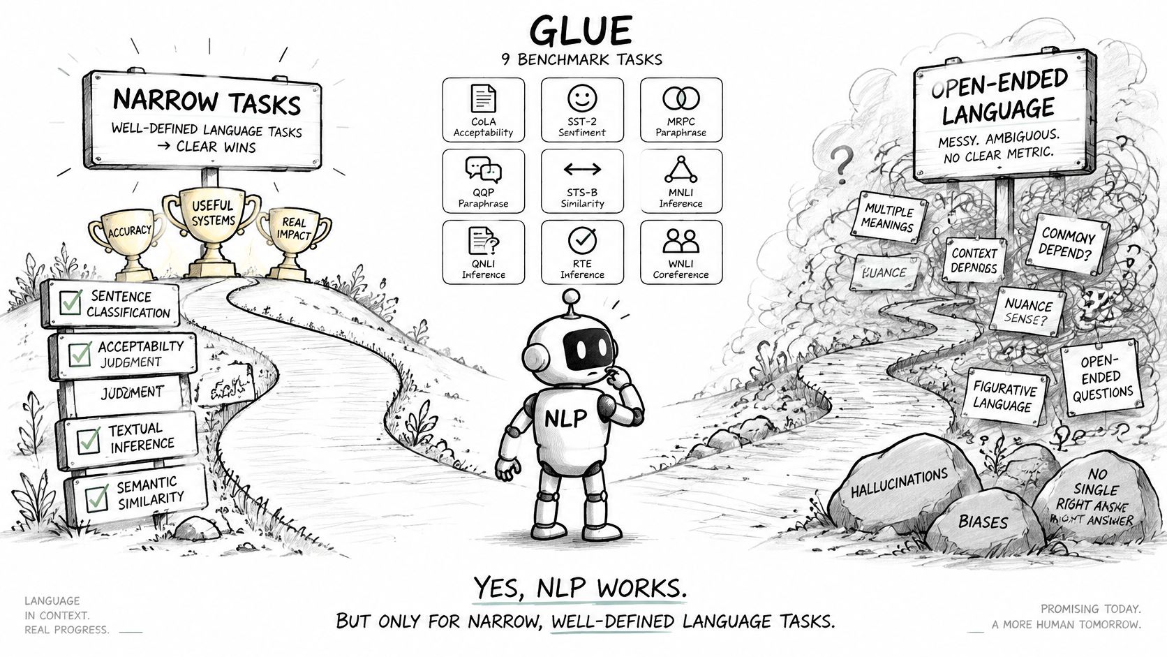 A hand-drawn illustration showing the limitations of NLP models between narrow, well-defined tasks and open-ended language.
