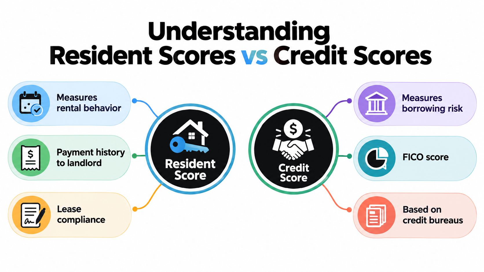 A comparison infographic between resident scores used for rental behavior and credit scores for borrowing risk.