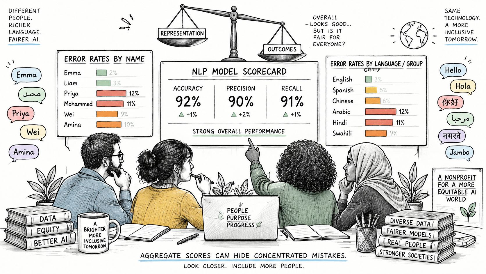 A team analyzing an NLP model scorecard revealing hidden bias and disparities among different demographic groups.