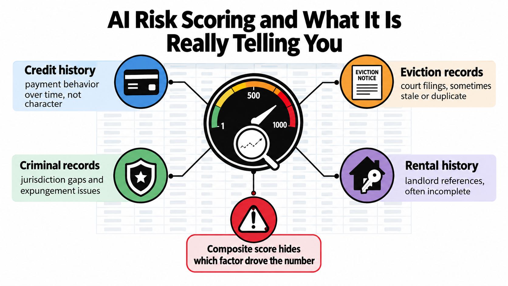 An infographic titled AI Risk Scoring explaining how factors like credit, criminal, and rental history influence risk scores.