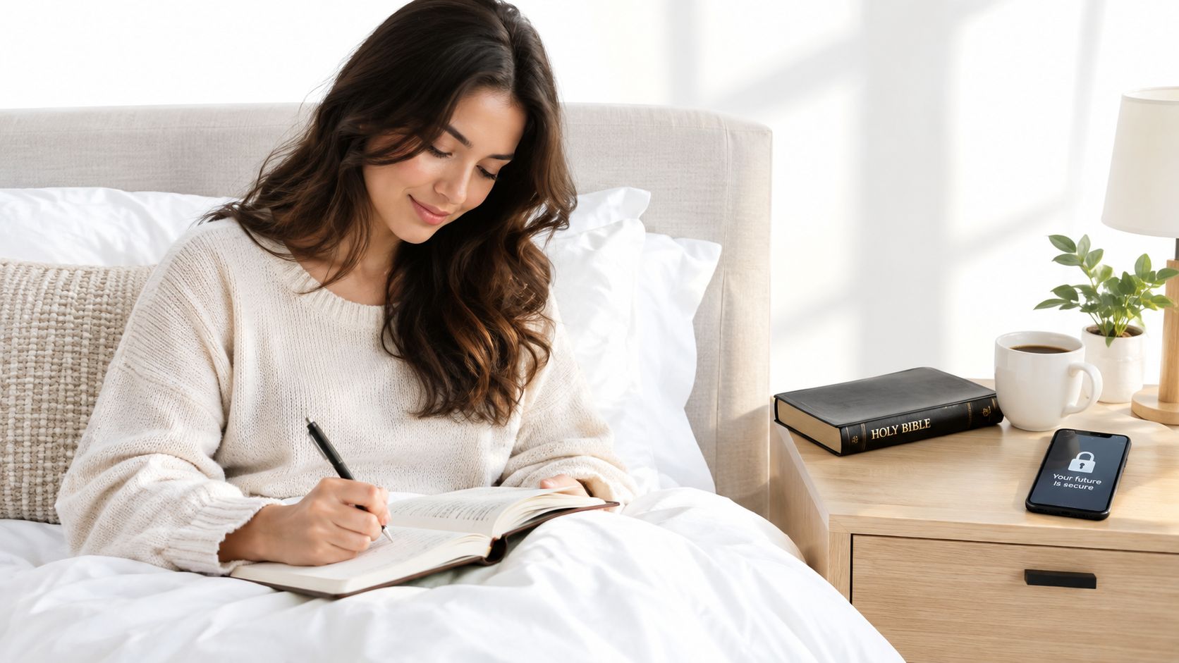 A smiling woman sits in bed writing in a journal next to her Bible and a phone.