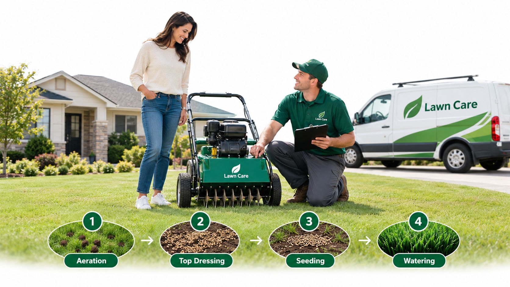 A lawn care professional explains the four-step lawn aeration service process to a homeowner in a residential yard.