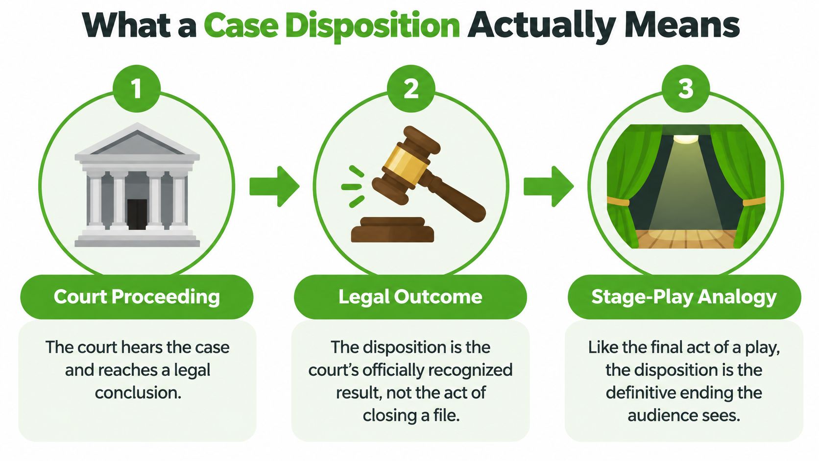 An infographic explaining the definition of a case disposition through three progressive stages and an analogy.