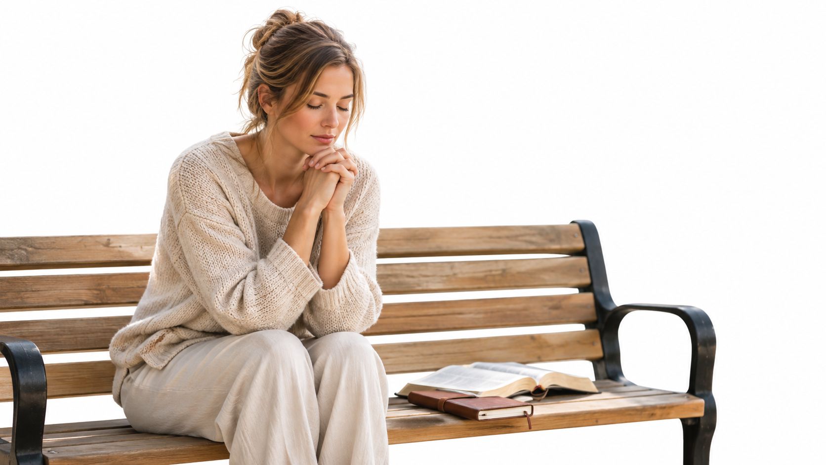 A serene woman sitting on a wooden bench, eyes closed, hands clasped in quiet prayer and meditation.