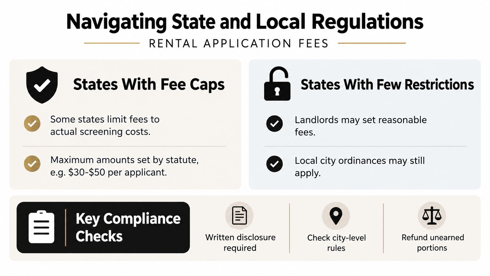 An infographic titled Navigating State and Local Regulations, explaining rental application fee caps and compliance requirements.