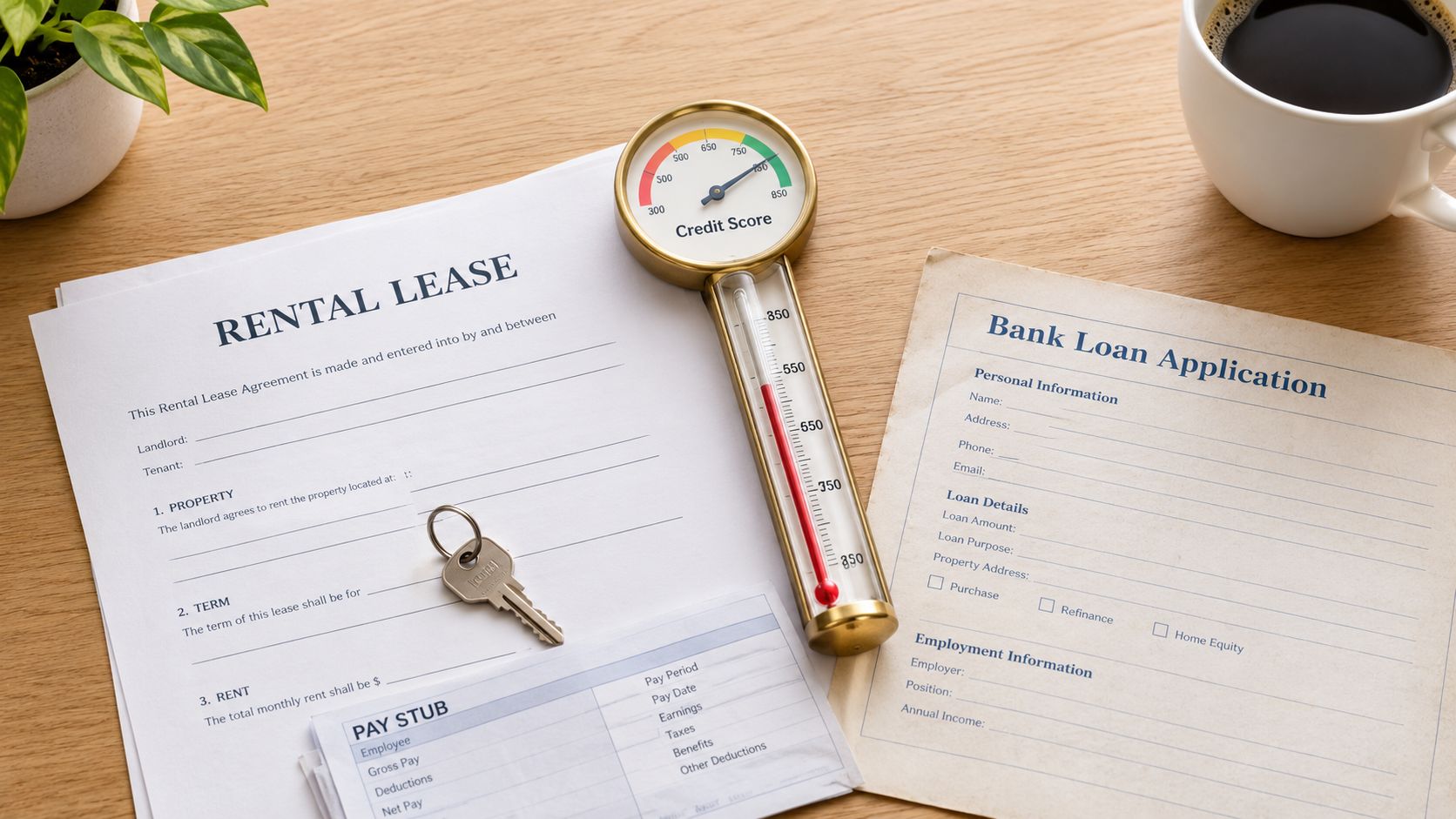 A wooden table featuring a rental lease, a bank loan application, a key, and a credit score gauge.