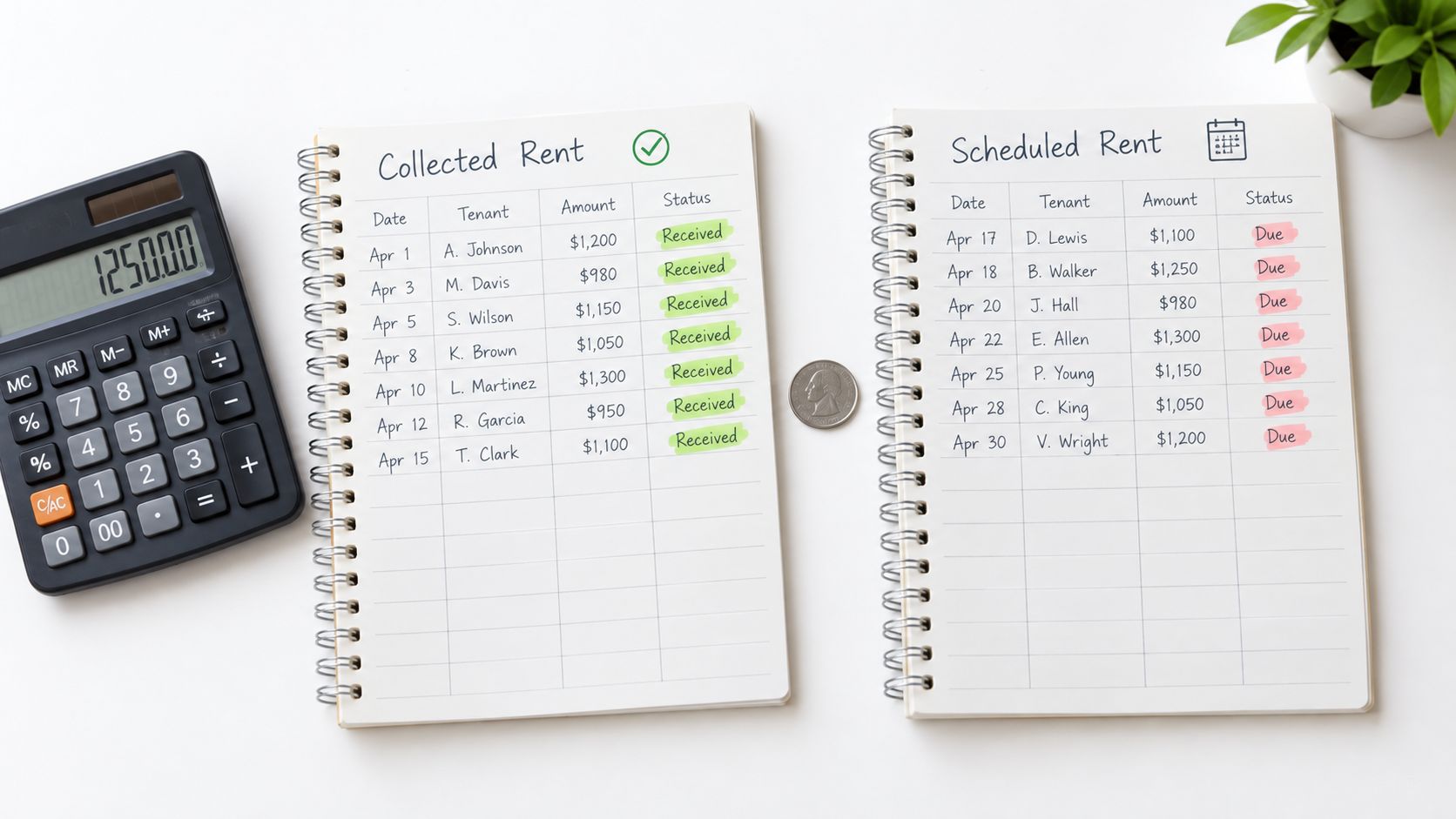 A top-down view of a calculator and two notebooks displaying collected and scheduled rent payments for property management.