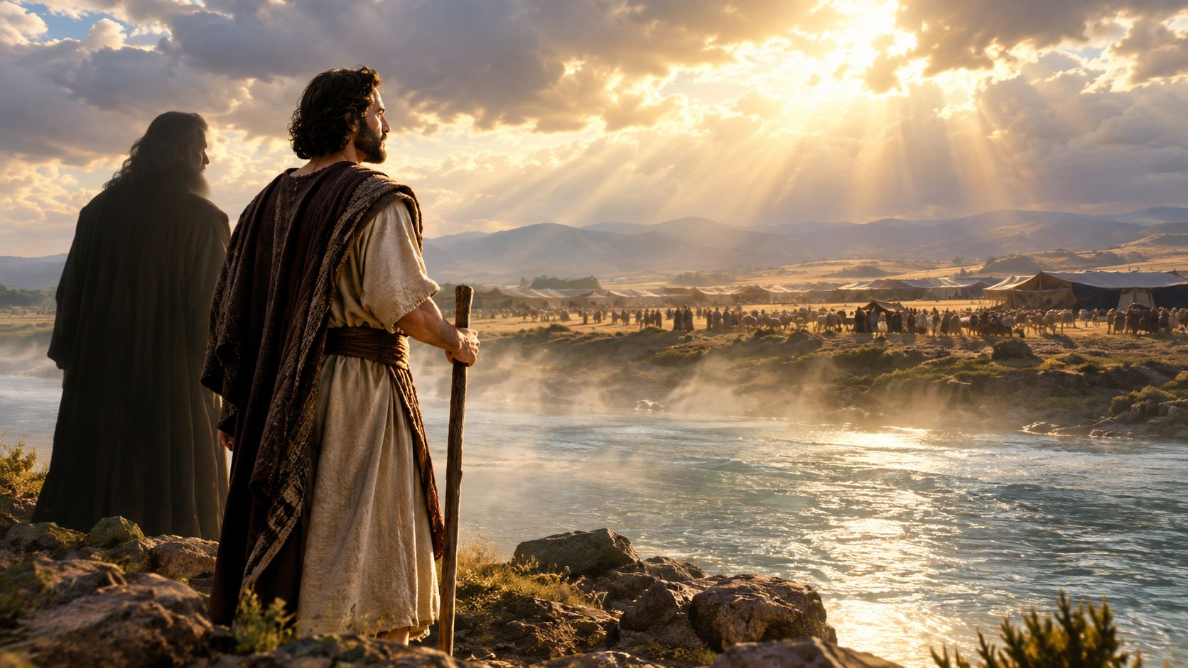 Two figures overlooking a river and an ancient encampment at sunset, representing courage and divine guidance.