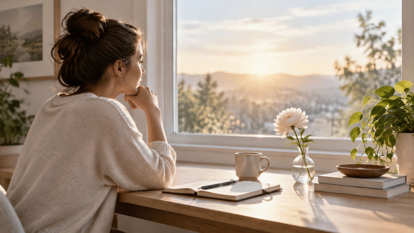 A contemplative woman sitting by a window looking out at a peaceful sunset with a journal.