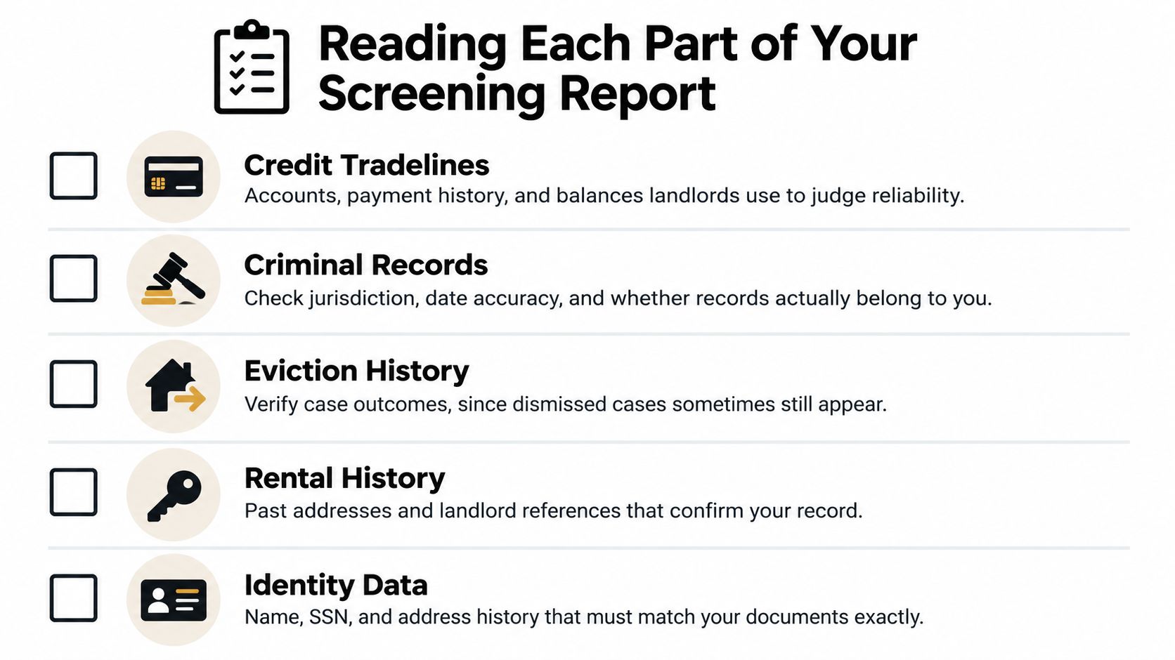 An infographic checklist for reading and understanding the components of a tenant screening report.