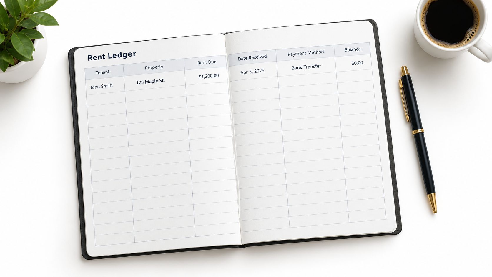 A journal opened to a rent ledger page with a pen and a cup of coffee.