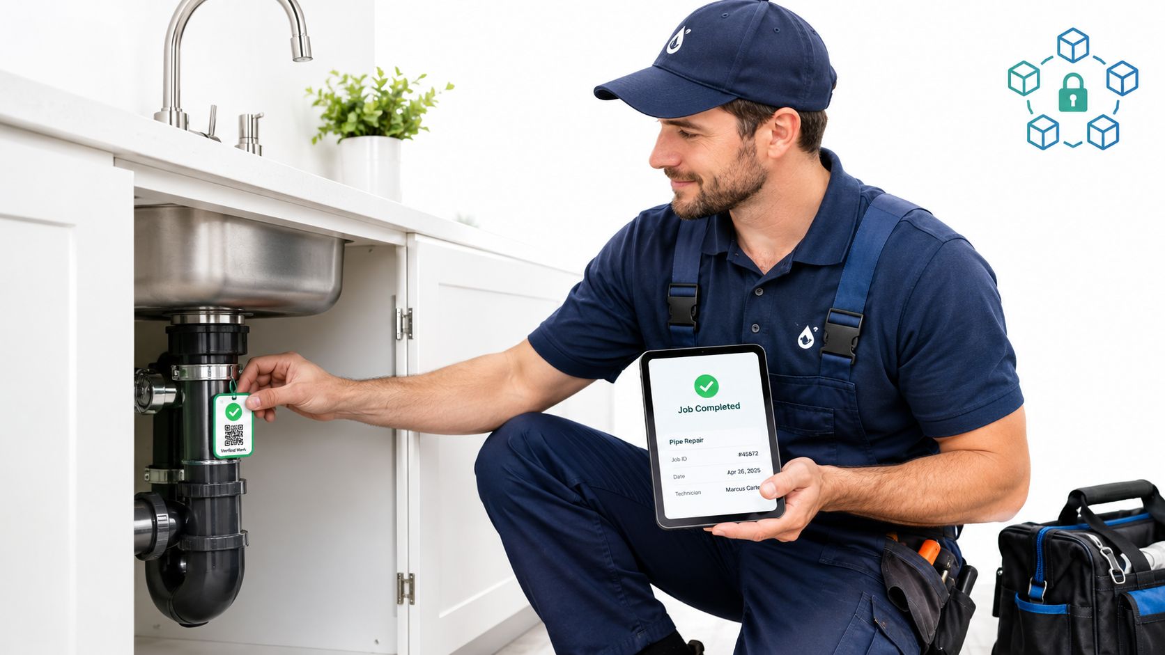 A professional plumber confirming a completed pipe repair job by scanning a digital QR code tag.