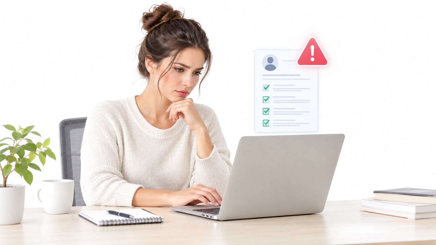 A woman looks concerned at her laptop screen displaying a digital profile with a warning symbol.