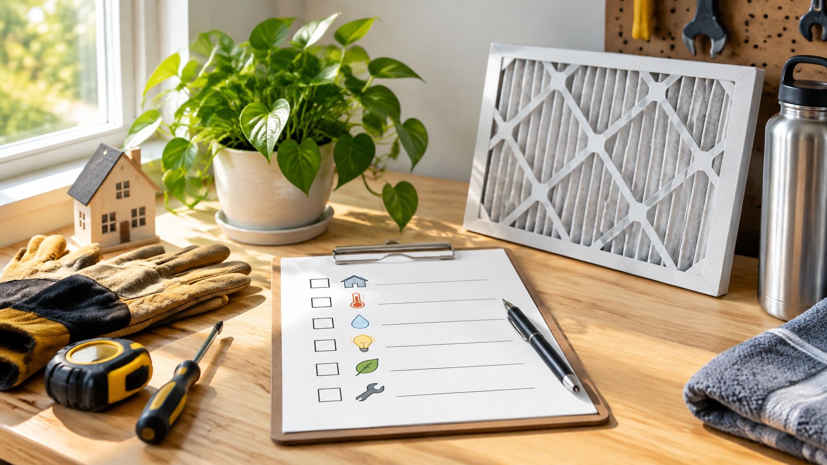 A wooden table with a checklist, work gloves, tools, and a home maintenance air filter for business planning.