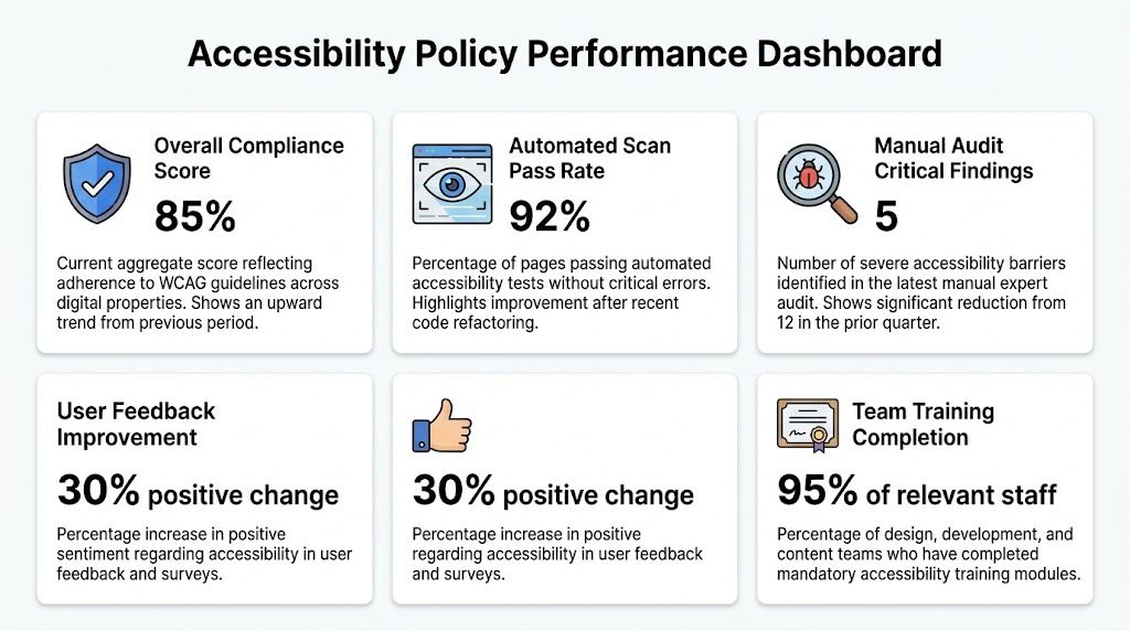 A digital performance dashboard displaying metrics for web accessibility compliance, automated scan rates, and training progress.