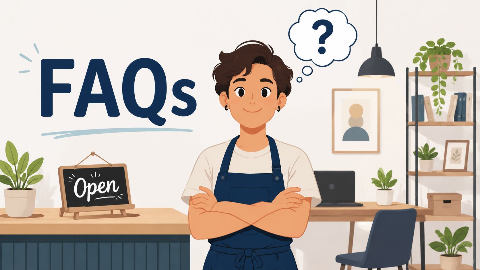 A friendly business owner in an apron standing before an FAQ sign with a question mark bubble.