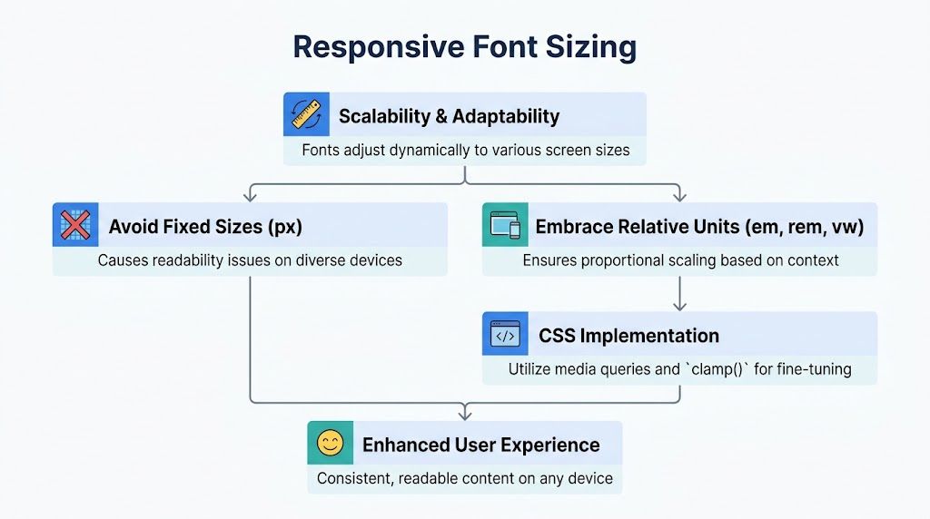 A flowchart explaining responsive font sizing using relative units instead of fixed pixel sizes for better readability.