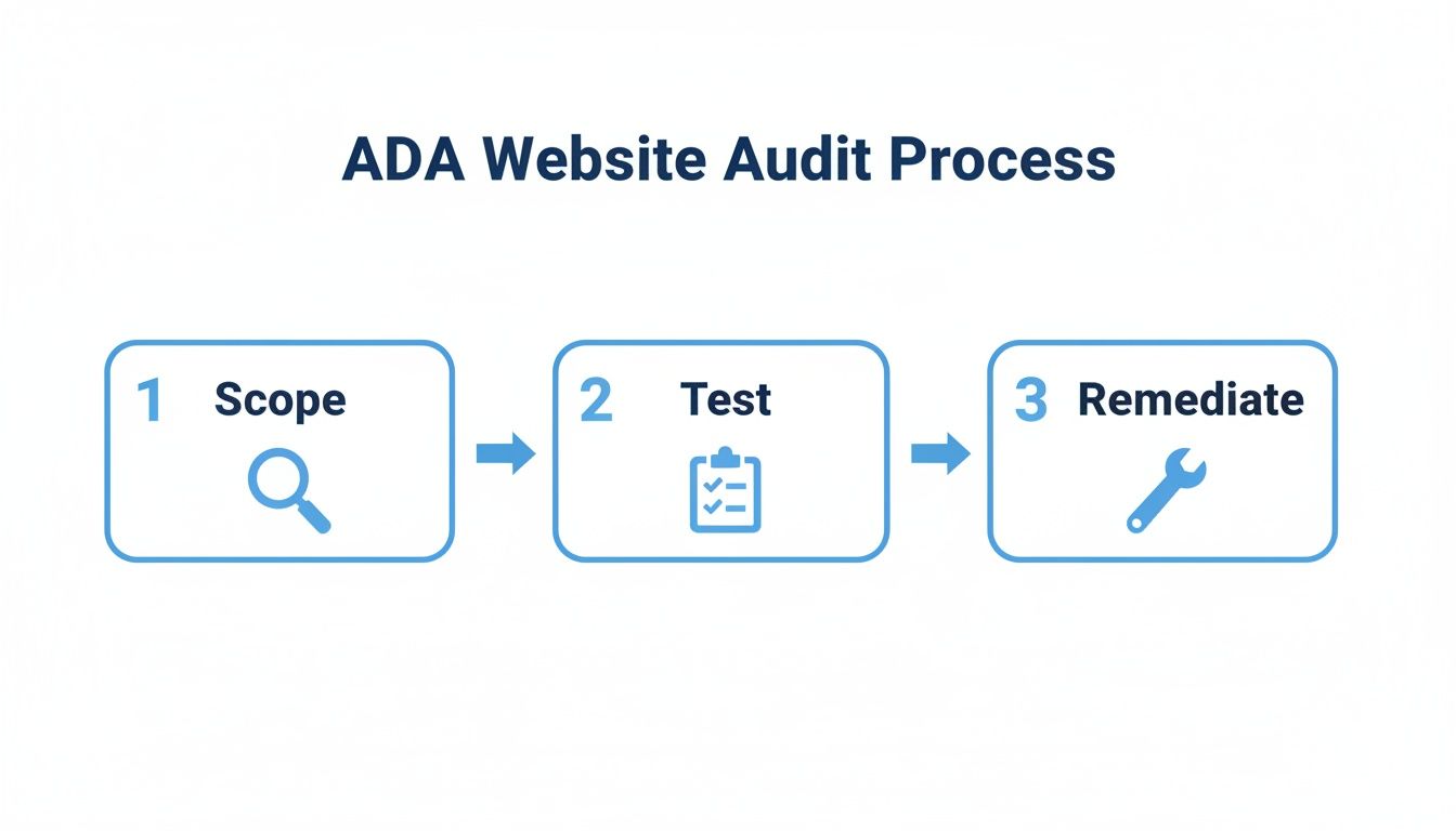 A clear flowchart illustrating the ADA Website Audit Process, including steps like Scope, Test, and Remediate.