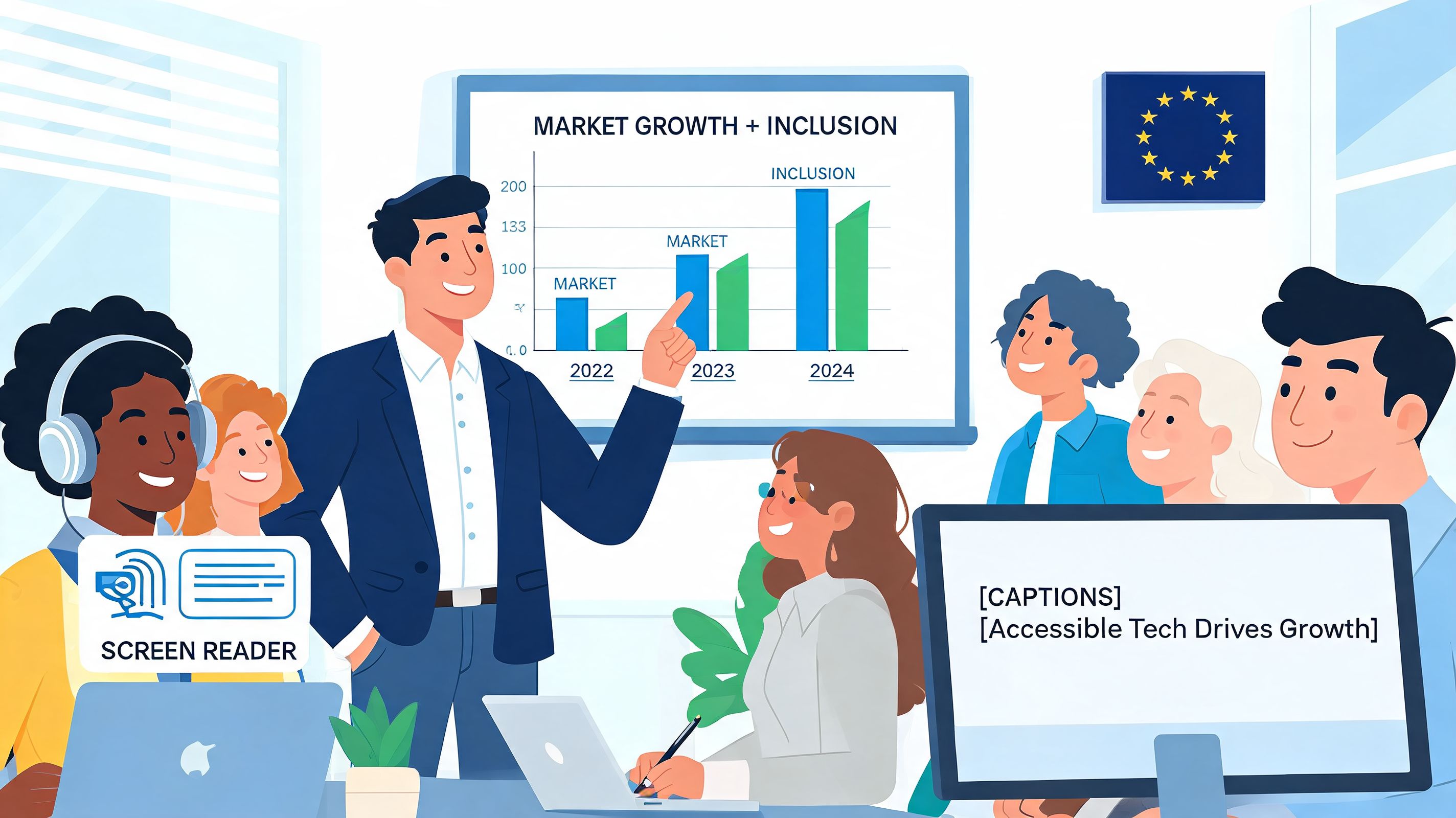 A professional business team having an inclusive meeting with data charts and accessible technology tools displayed.