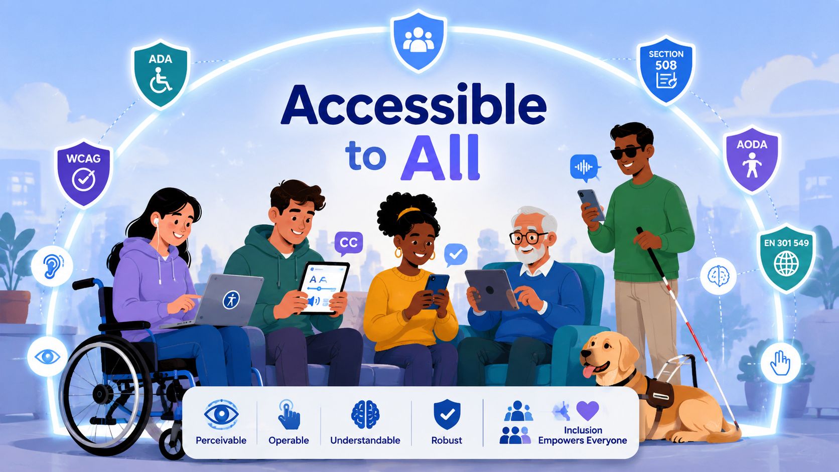 A diverse group of people using various digital devices with accessibility compliance symbols representing universal inclusion.