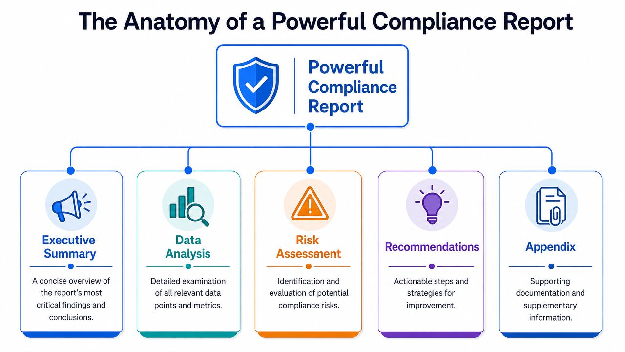 An infographic titled The Anatomy of a Powerful Compliance Report detailing key report sections with icons.