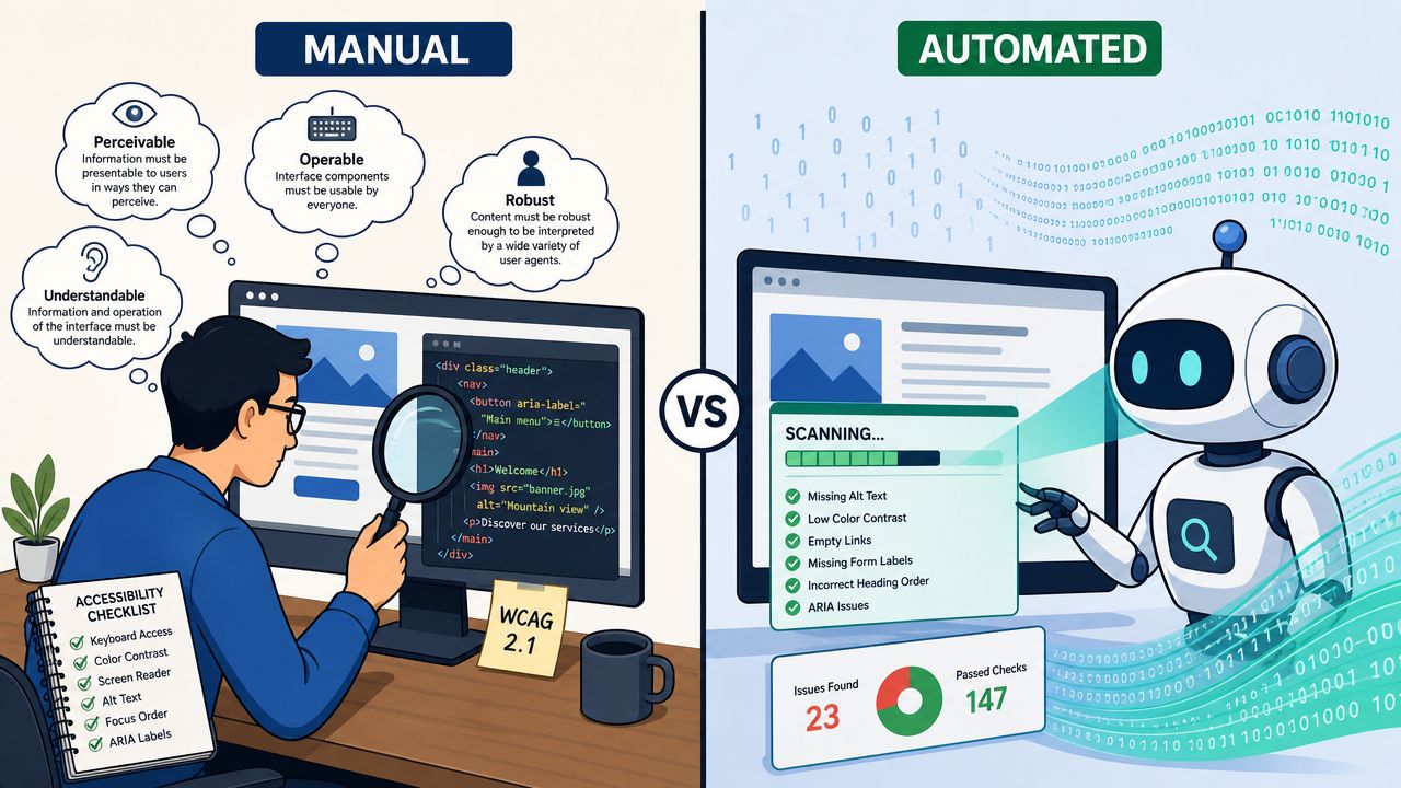 A split-screen illustration comparing manual accessibility testing by a developer against automated testing using a robot.