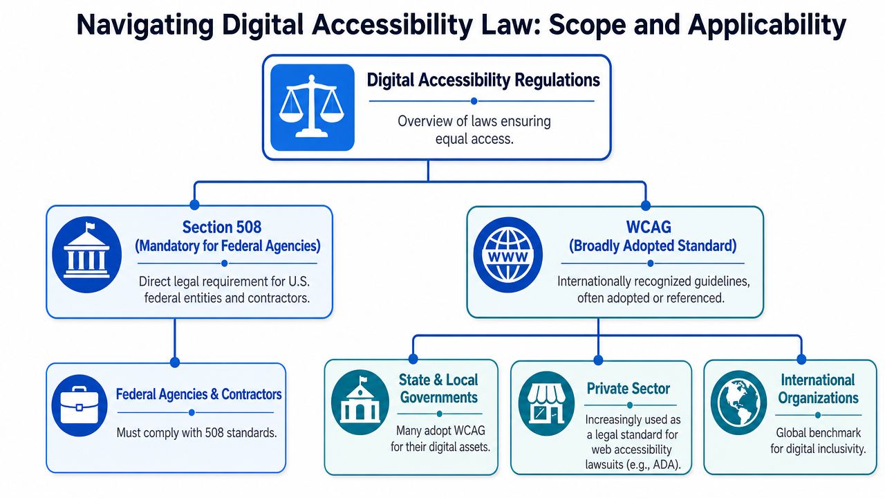 A flowchart outlining digital accessibility laws, specifically focusing on Section 508 for federal entities and WCAG standards.